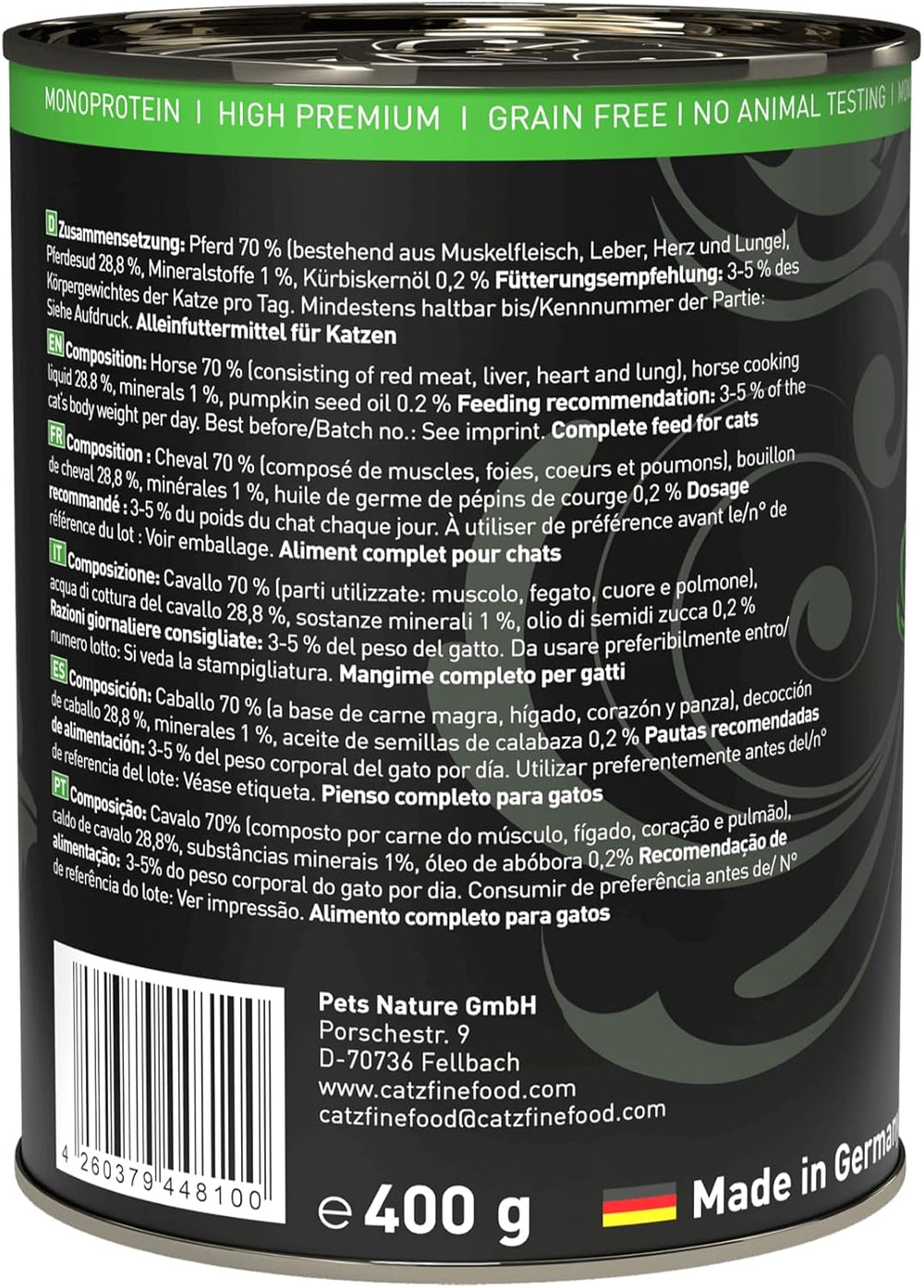 Hrană umedă pentru pisici Catz Finefood Purrrr Horse Monoprotein nr. 123, pentru pisici cu digestie sensibilă, conținut de carne de 70%, 6 cutii x 400 g