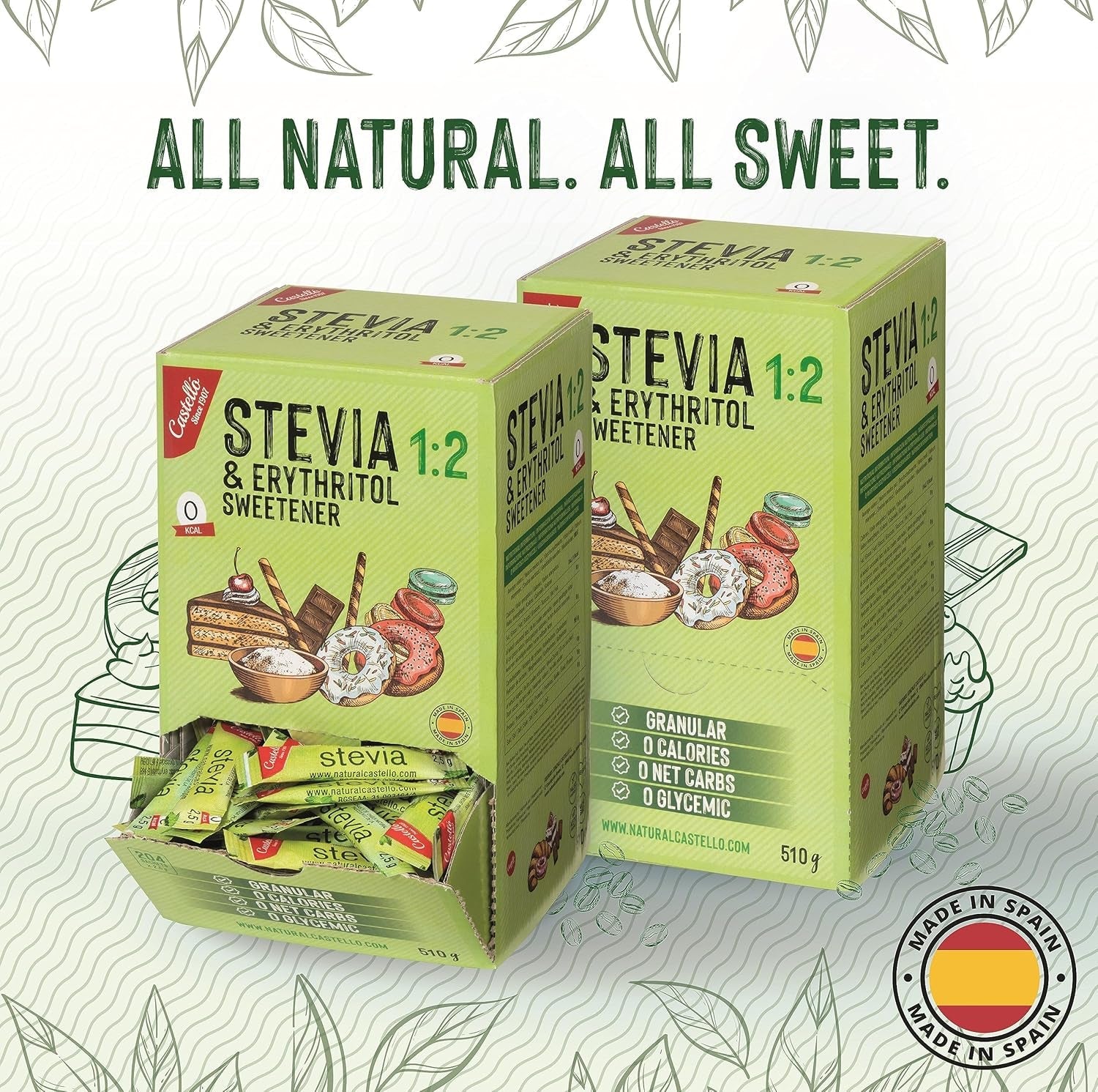 Stevia + Erythritol 1:2 Süßstoff | 204 Mythosbeutel 2,5 G | 100% Natürlicher Zuckerersatz - 0 Kalorien - 0 Glykämischer Index - Keto Und Paleo - 0 Kohlenhydrate - Kein GVO - Castello seit 1907-510 G Sweeteners Naty Shop