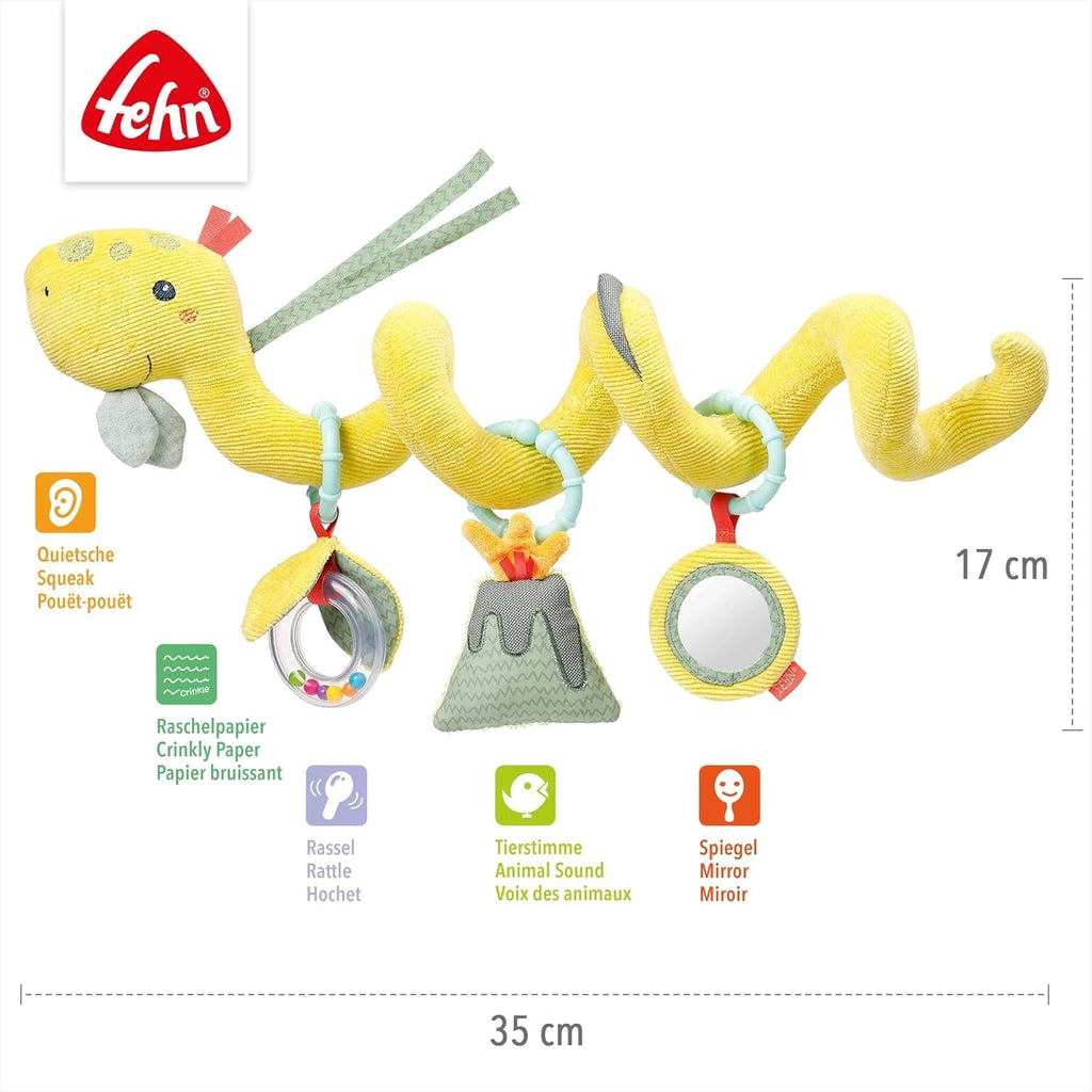 Fehn Activity Spiral Dino - jucărie de cărucior pentru pipăit și prindere - jucărie dinozaur pentru copii pentru pat, loc de joacă, cărucior pentru sugari și scaun auto - jucărie de activitate motorie pentru bebeluși și copii mici de la 0+ luni Jucarii Bebe Naty Shop