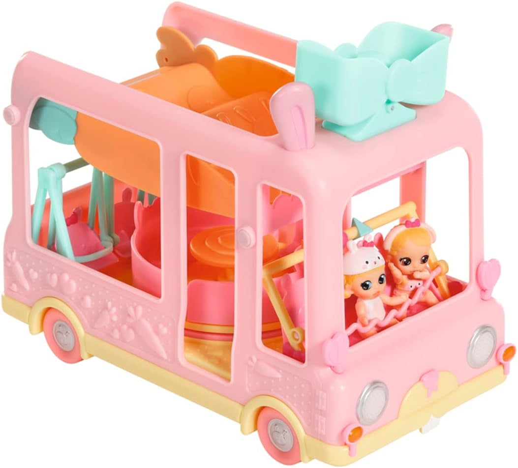 BABY born 904763 Autobuz Surpriză Bebeluși - autobuz de jucărie roz pentru păpuși mini mici, cu 2 păpuși exclusive, cărucior triplu, balansoar, carusel, tobogan și leagăn triplu.
