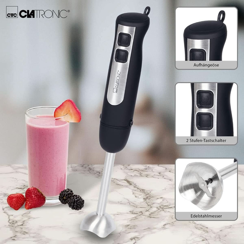 Clatronic Stabmixer SM 3739 Pürierstab, Handmixer, Mixer Für Smoothie, Shakes, 2 Stufen-Schalter, Multizerkleinerer, Edelstahl-Stab Und Messer, Aufhängeöse, 800 Watt Motor, Schwarz-Edelstahl Mutter und Kind Naty Shop