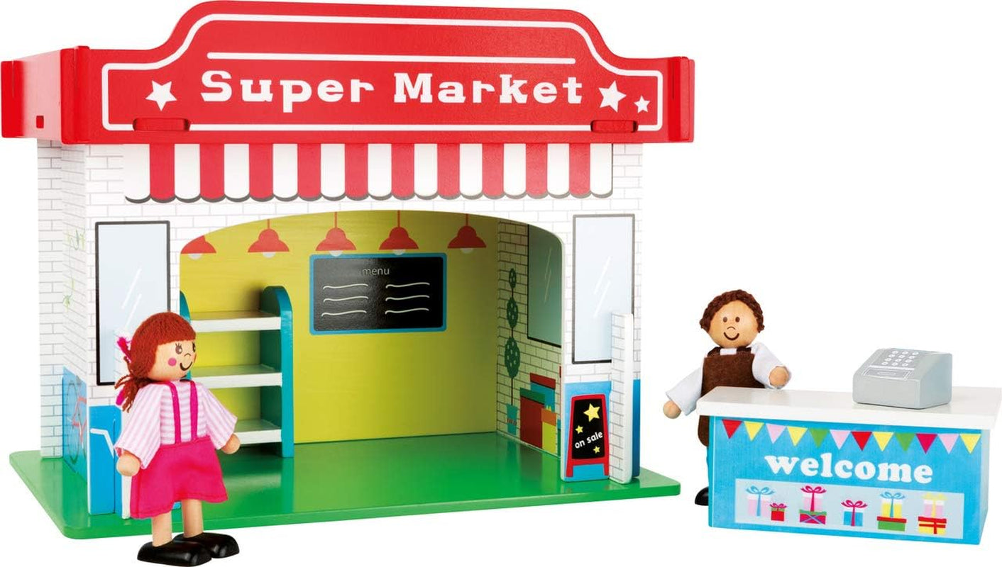 Small Foot 10852 Playhouse Restaurant Fabricat din lemn, Cu 2 figurine pentru păpuși, accesorii și acoperiș detașabil, De la 3 ani Casute de papusi Naty Shop Supermarket