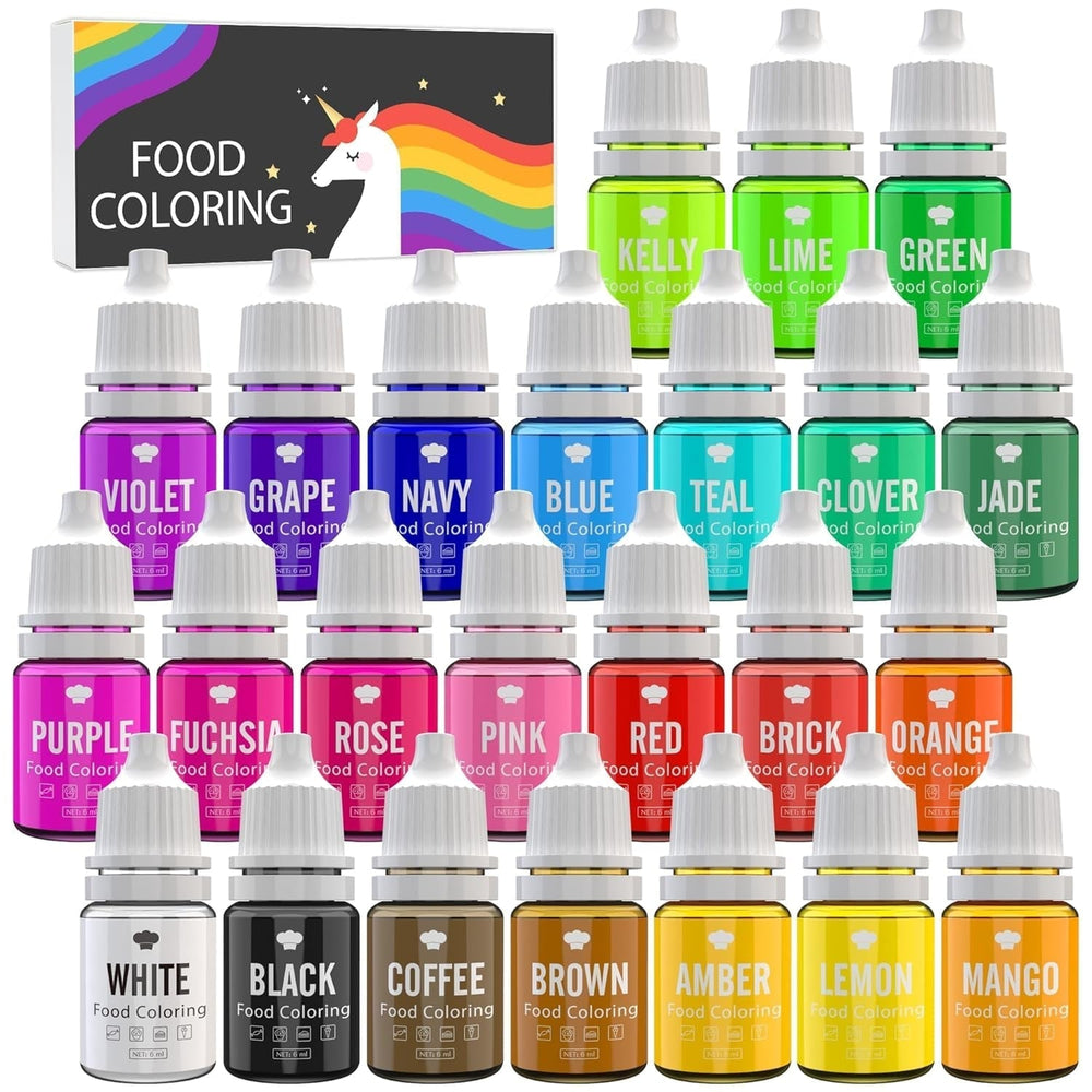 Colorant alimentar - 24 de coloranți alimentari vibranți pentru copt, decorarea torturilor, glazură, fursecuri, fondant și macaroane - Colorant alimentar lichid pentru fabricarea săpunului și meșteșuguri - 24 x 6ml