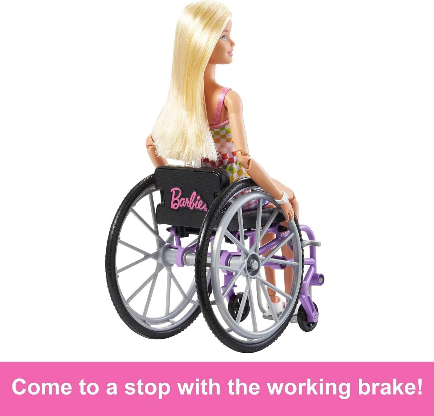 Barbie Fashionista-Puppe, im Rollstuhl mit blonden Haaren und Regenbogen-Jumpsuit, Rollstuhl und Rampe, Puppe inklusive, Geschenk für Kinder, Spielzeug ab 3 Jahre,HJT13