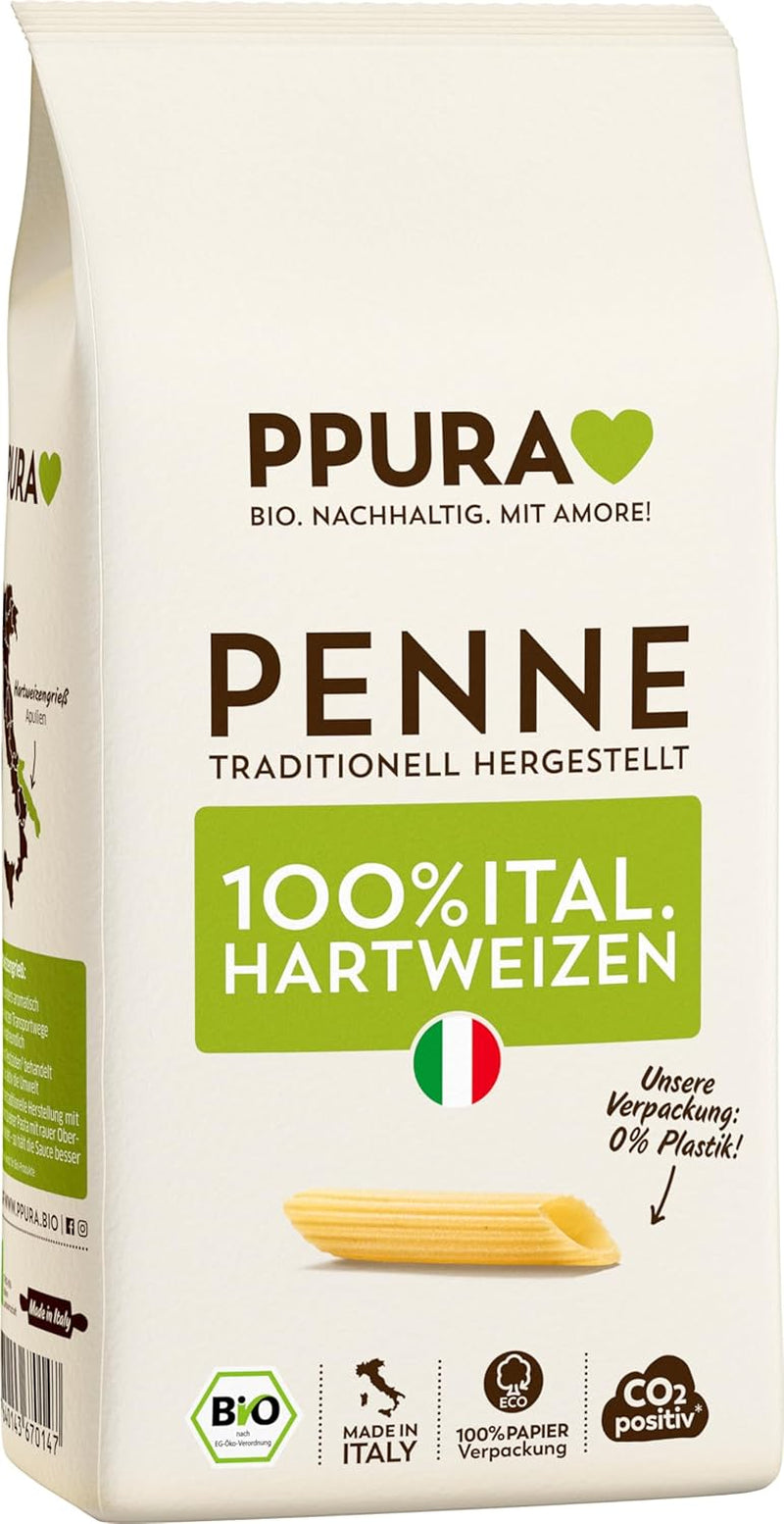 PPURA Bio-Hartweizen-Penne-Nudeln 500 g, 100 % natürliche Röhrennudeln, hergestellt in Italien – italienische Nudeln ohne Zusatzstoffe, Farb- oder Konservierungsstoffe