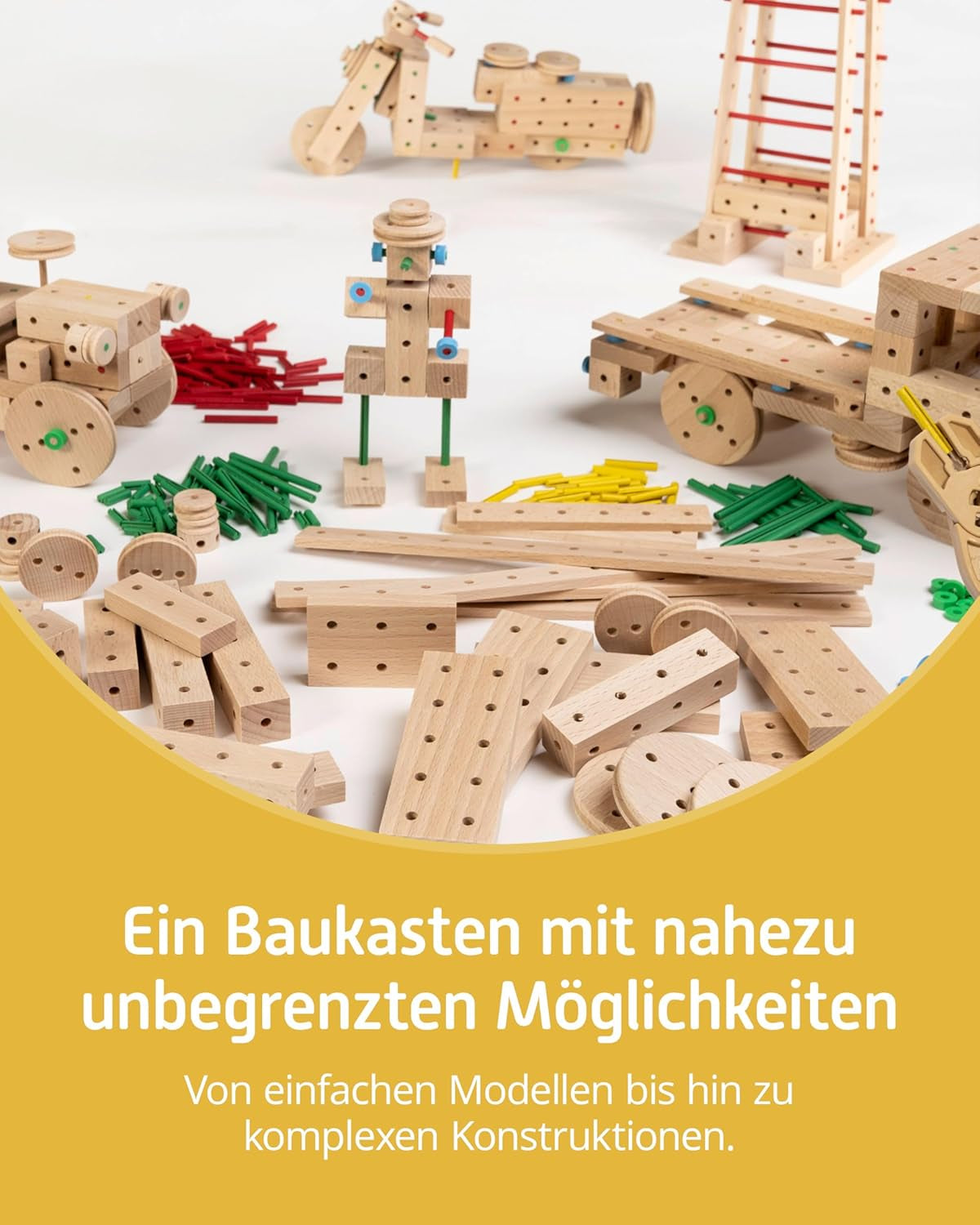 Matador Kinder Baukasten ab 5 Jahren 222-tlg. - Spannendes Holz Konstruktionsspielzeug zur Schulung von Kreativität und Feinmotorik, Bauspielzeug mit Stäbchen, Klötzen, Hammer & Zange