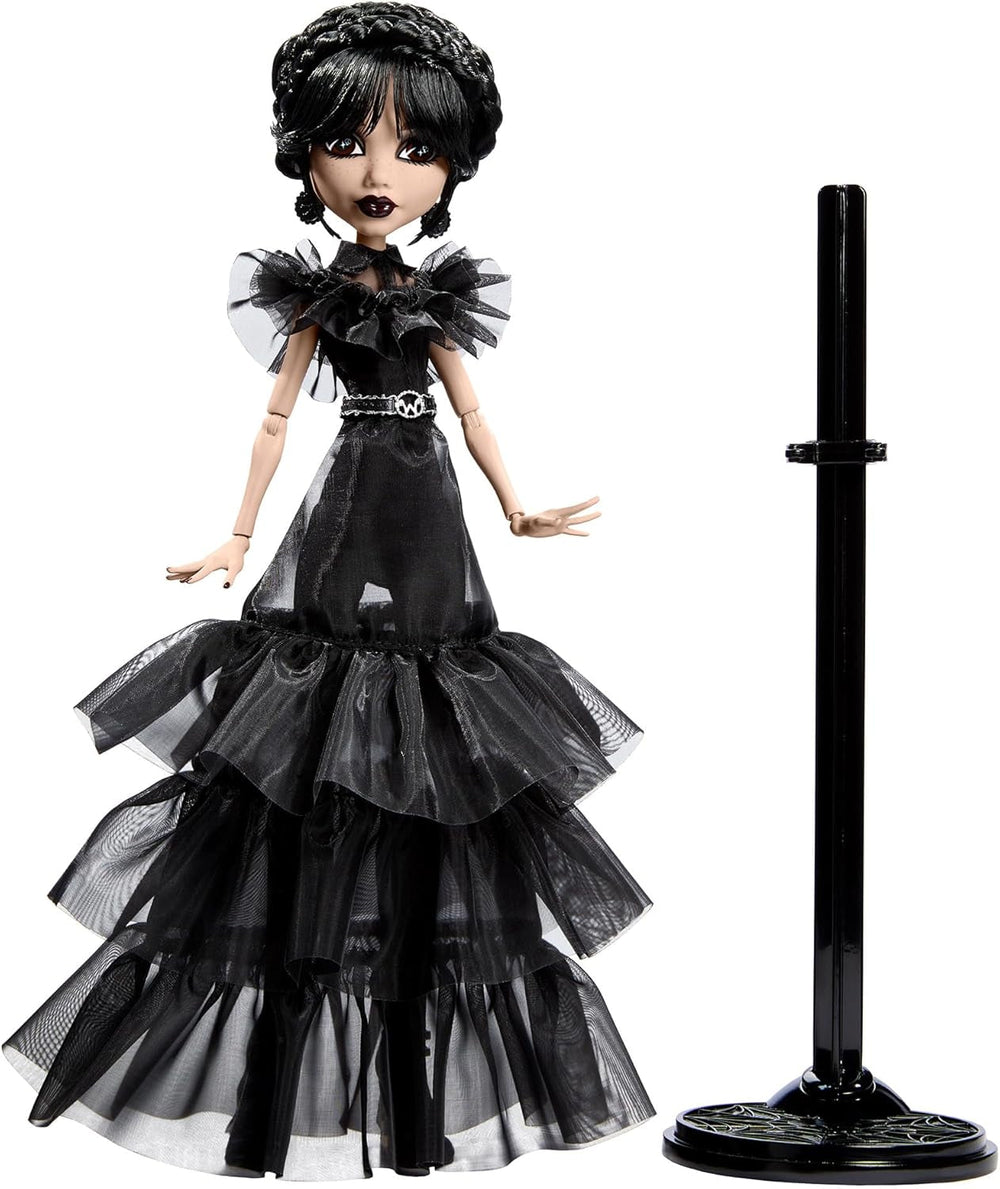 Păpușa Monster High Wednesday, figurină de colecție Rave'N Wednesday în rochie gotică neagră, inspirată de scena dansului, accesorii premium și suport pentru păpuși, HXJ03