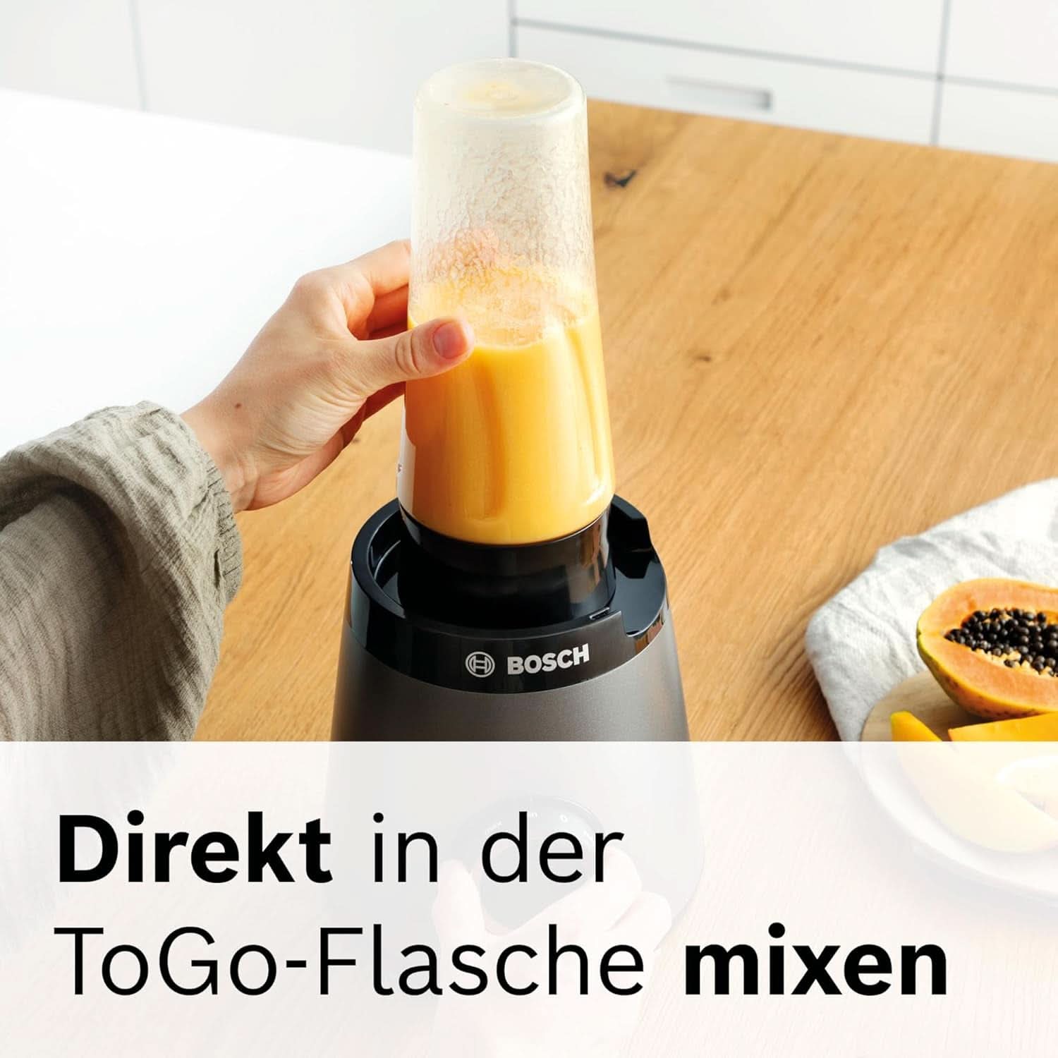 Bosch Standmixer Vitapower Serie 4 MMB6177S, Edelstahl-Klingen Made in Germany, 1,5L Thermosafe Glasbehälter, 0,6L To-Go-Flasche, Stopfer, Universalzerkleinerer, 30.000 U/Min, 1200 W, Silver Kitchen Naty Shop
