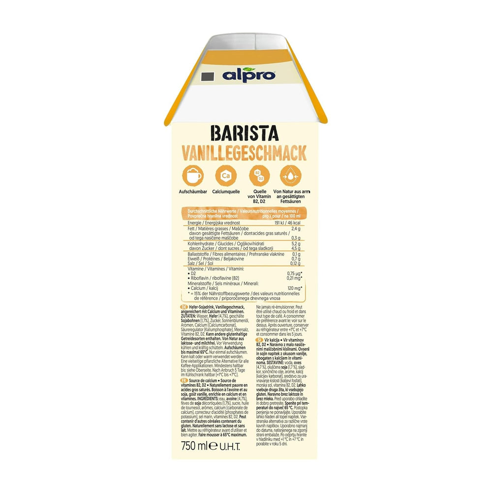 Alpro Barista Vanille – Zum Aufschäumen – Von Natur aus laktosefrei – Reich an Ballaststoffen, Calcium und Vitaminen – 8 x 750 ml – Haltbar