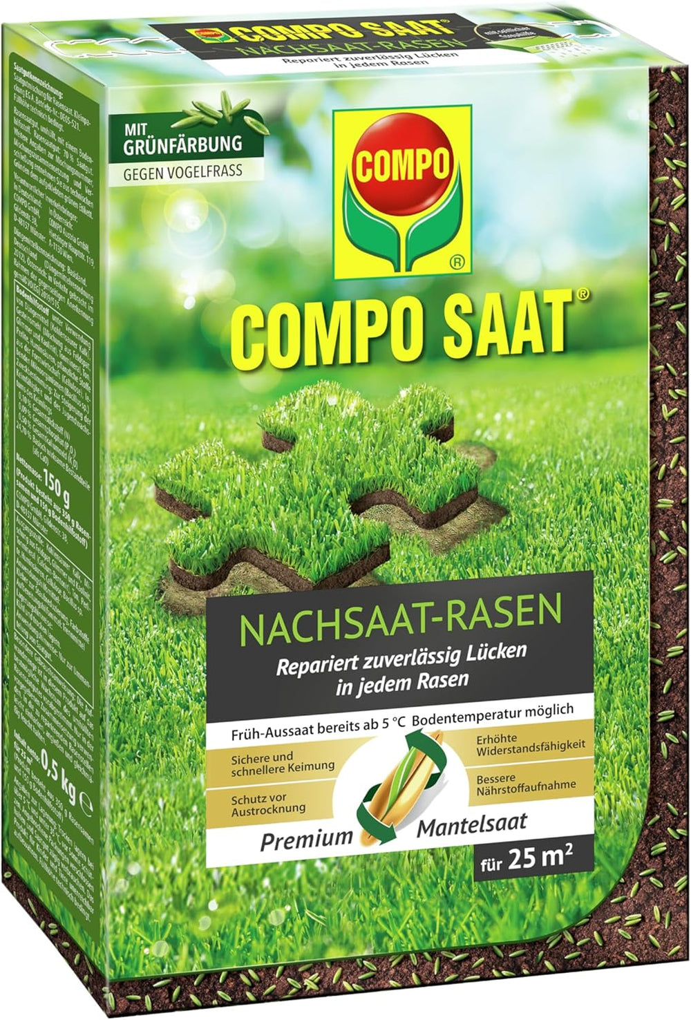 COMPO SAAT Nachsaat-Rasen - Für Lücken Und Kahle Stellen - Zuverlässiger Nachsaatrasen - Hochwertige Saatgutmischung Mit Premium-Mantelsaat - 2 Kg Für 100 M²