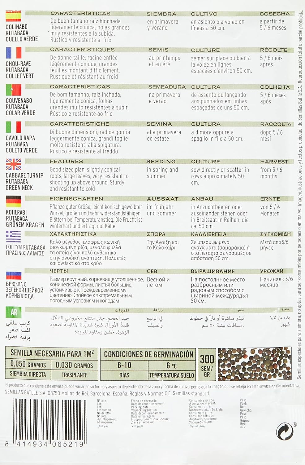 Batlle Gemüsesamen - Kohlrabi Sorte Rutabaga Cuello Verde (7000 Samen)