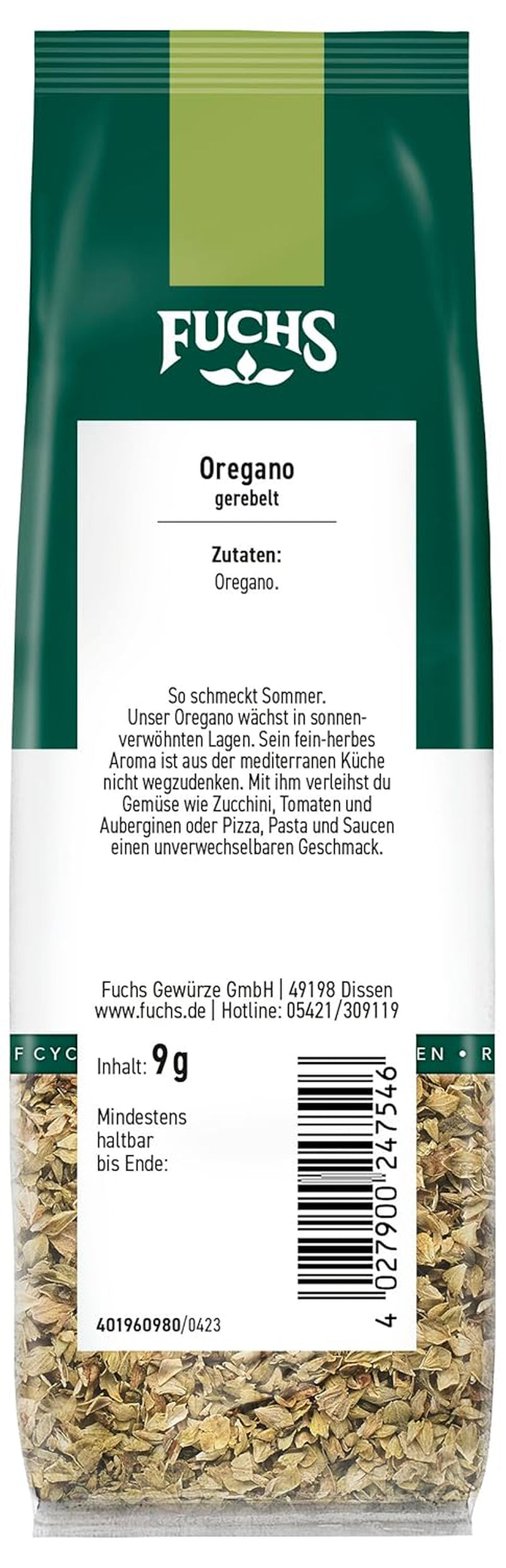 Fuchs Gewürze - Oregano gerebelt im recyclebaren Nachfüllbeutel - 9 g