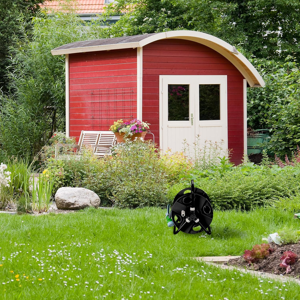 Rolă furtun Relaxdays, pentru furtun de 30 m 1/2", oțel, plastic, suport furtun, HL: 38 x 42 x 31 cm, negru-gri