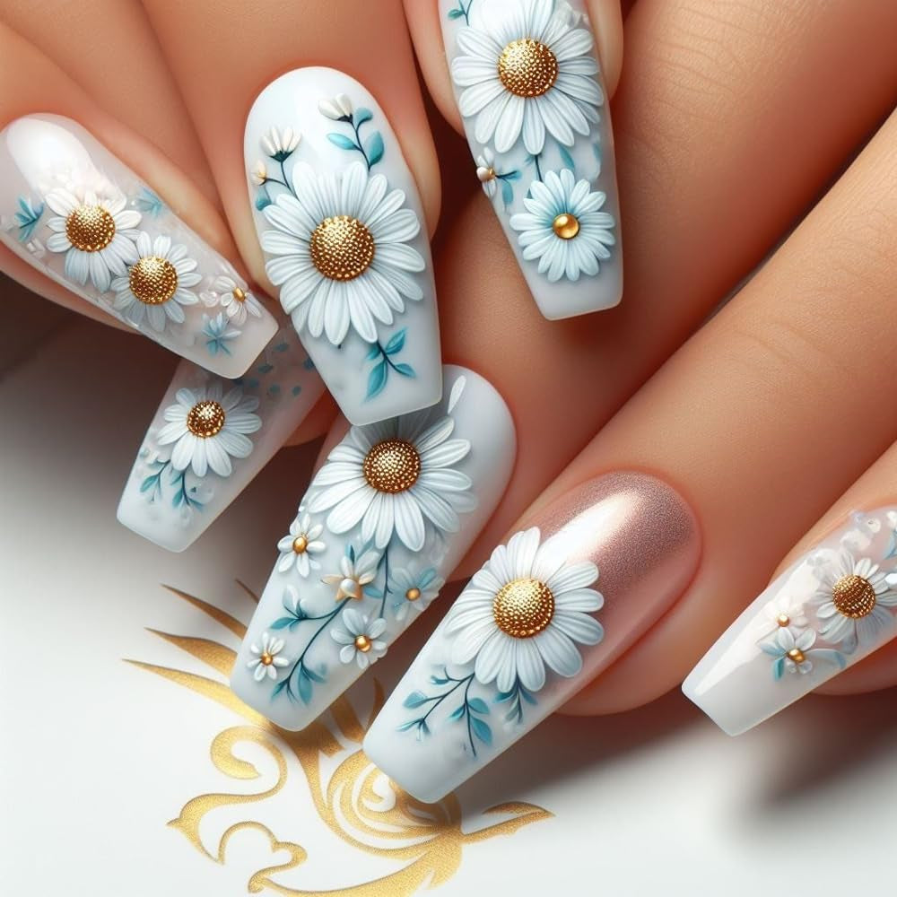 24 buc unghii lungi cu presă pe unghii sicriu unghii artificiale fluture floare unghii adezive alb maro set unghii acrilice sfaturi unghii femei primăvară vară accesorii unghii