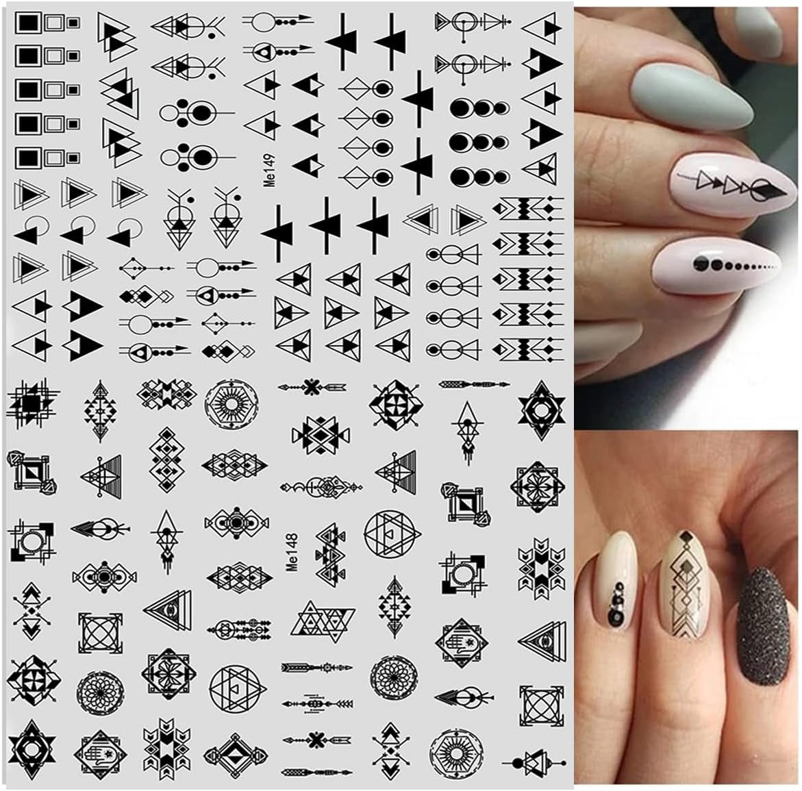 12 Blatt Nagelsticker Geometrisch Nagelaufkleber Selbstklebend Schwarz-Weißes Mysteriöses Dreieck Nail Art Sticker Dekoration Nageldesign Zubehör