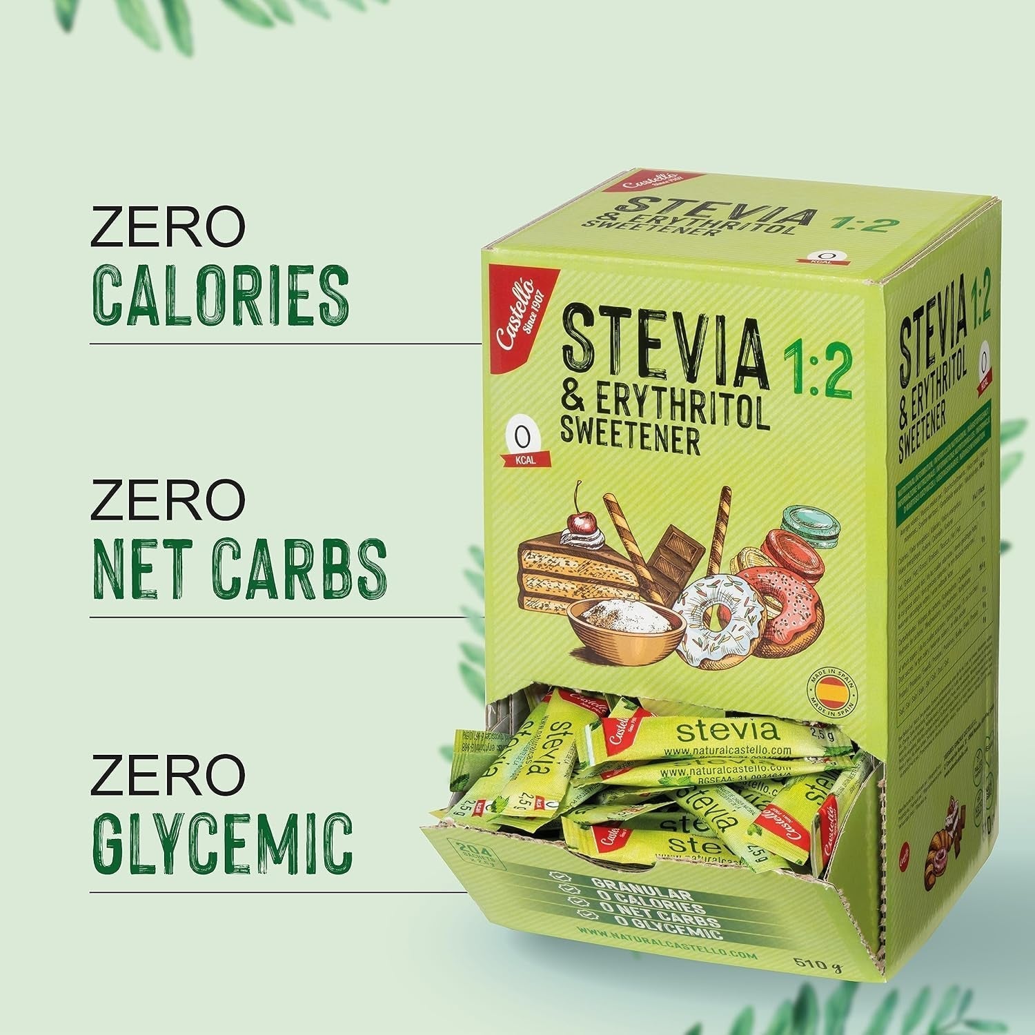 Stevia + Erythritol 1:2 Süßstoff | 204 Mythosbeutel 2,5 G | 100% Natürlicher Zuckerersatz - 0 Kalorien - 0 Glykämischer Index - Keto Und Paleo - 0 Kohlenhydrate - Kein GVO - Castello seit 1907-510 G Sweeteners Naty Shop