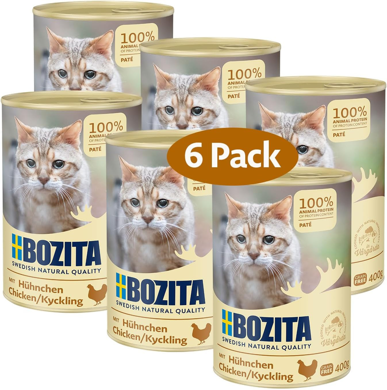 Pateu de pui fără cereale Bozita – 6 x 400 g hrană umedă pentru pisici și pisoi. Hrană completă cu 9,5% proteine și 5% grăsimi, fabricată din ingrediente naturale de înaltă calitate, fără cereale – din Suedia