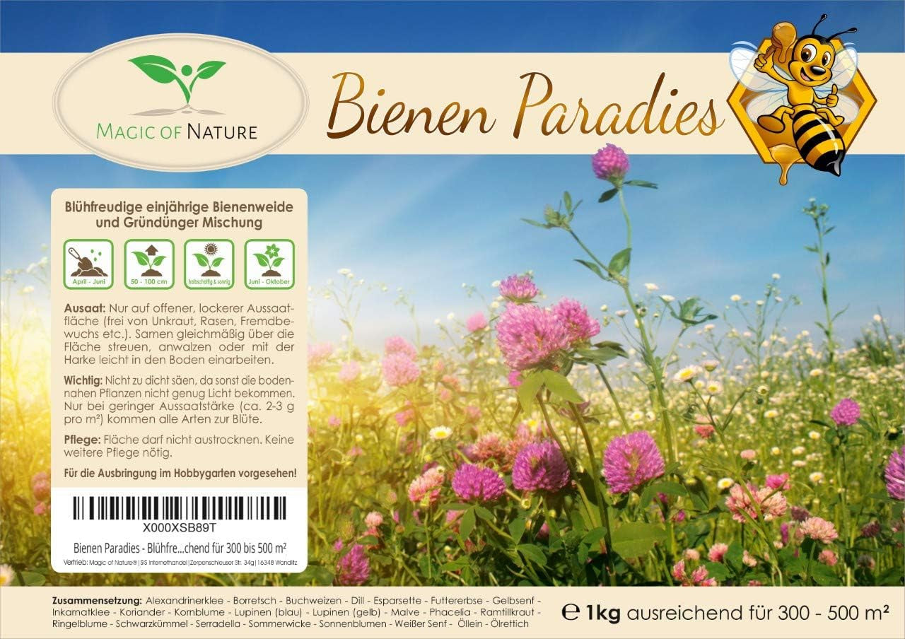 Mix de semințe de flori Magic of Nature - Paradisul albinelor - 1 kg - Ușor de utilizat - Pășune pentru albine înflorite - Sfaturi de semănat - Pentru 300 până la 500 m²