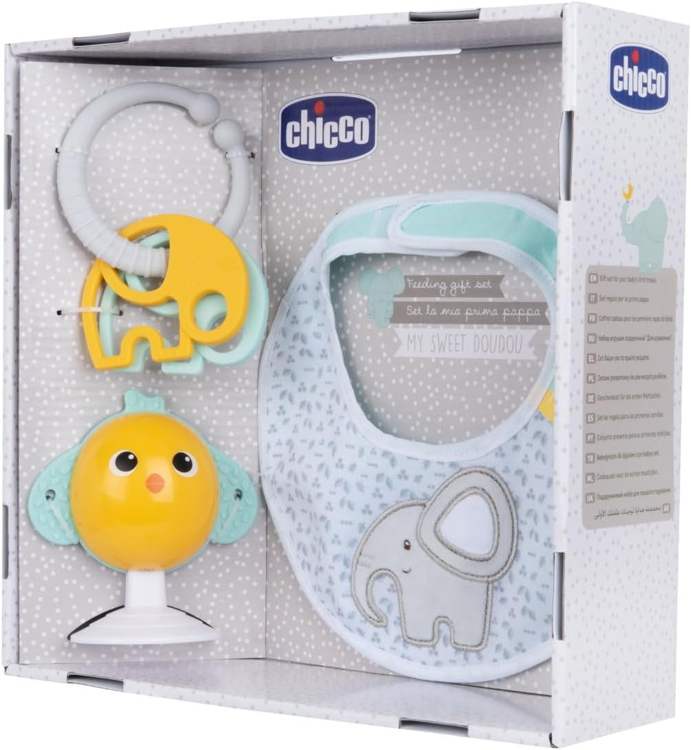 Chicco meal gift set Dou Dou, set format din bavetă, jucărie pentru scaun înalt cu ventuză în formă de pui drăguț, cu două zornăitoare colorate, ușor de prins de la 6 luni Jucarii Bebe Naty Shop