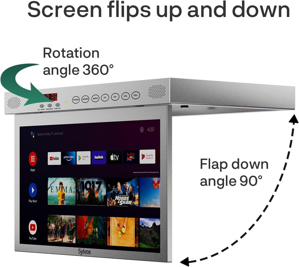 SYLVOX Televizor de bucătărie de 15,6 inci, televizor pliabil pentru bucătărie cu pivotare, suport Google TV WiFi Bluetooth, Smart TV 1080P pentru bucătărie, dormitor, autorulotă, iaht (argintiu)