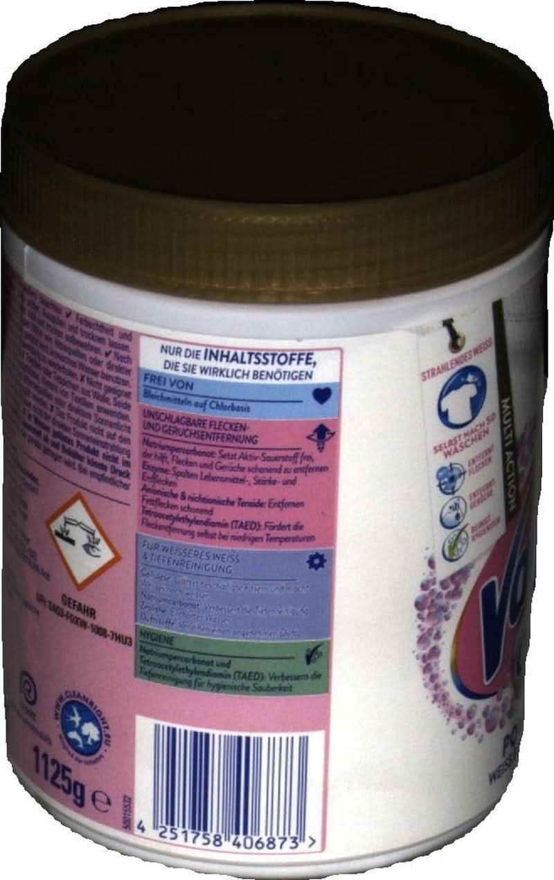 Vanish Oxi Action Powerwhite Pulver – 1 x 1,125 kg – Fleckenentferner und Wäscheverbesserungspulver ohne Chlor – für weiße Wäsche. Waschmittel Naty Shop