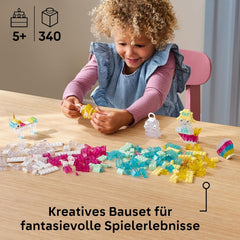 LEGO Classic Zauberbox mit durchsichtigen Steinen - Farbenfrohe Bausteine und Aufhängersteine - Einhorn, Drache, Pinguin und weitere Figuren - Bastelset für Mädchen & Jungen ab 5 Jahren 11040