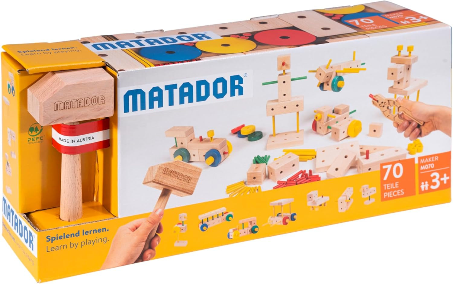 Matador Kinder Baukasten ab 3 Jahren 34-tlg. - Spannendes Holz Konstruktionsspielzeug zur Schulung von Kreativität und Feinmotorik, Bauspielzeug mit Stäbchen, Klötzen, Hammer & Zange