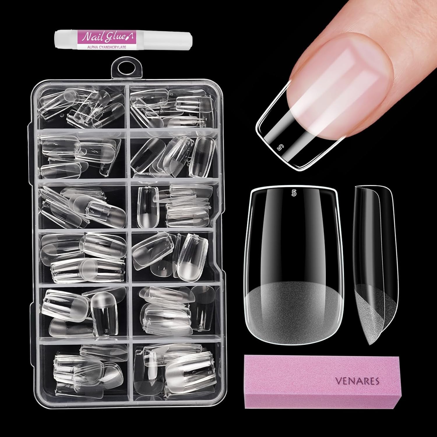 Tipuri de unghii pentru unghii cu gel, set 120 bucăți unghii artificiale scurte, culoare migdale, 11 dimensiuni unghii cu gel, tipuri de unghii cu lipici, bloc de buffer pentru unghii