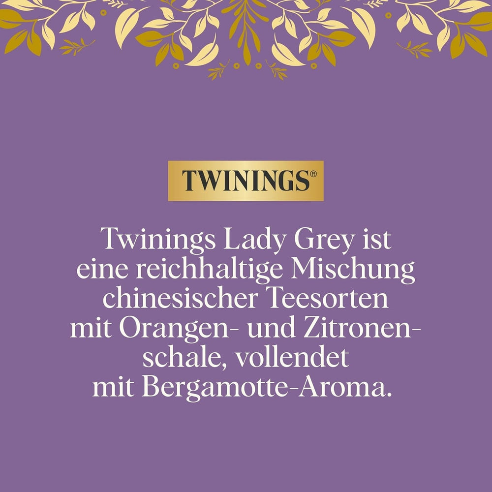 Ceai negru Twinings LADY GREY vrac în cutie de ceai – ceai negru, amestec de soiuri de ceai chinezesc cu coajă de portocală și lămâie, completat cu aromă de bergamotă (200 g)
