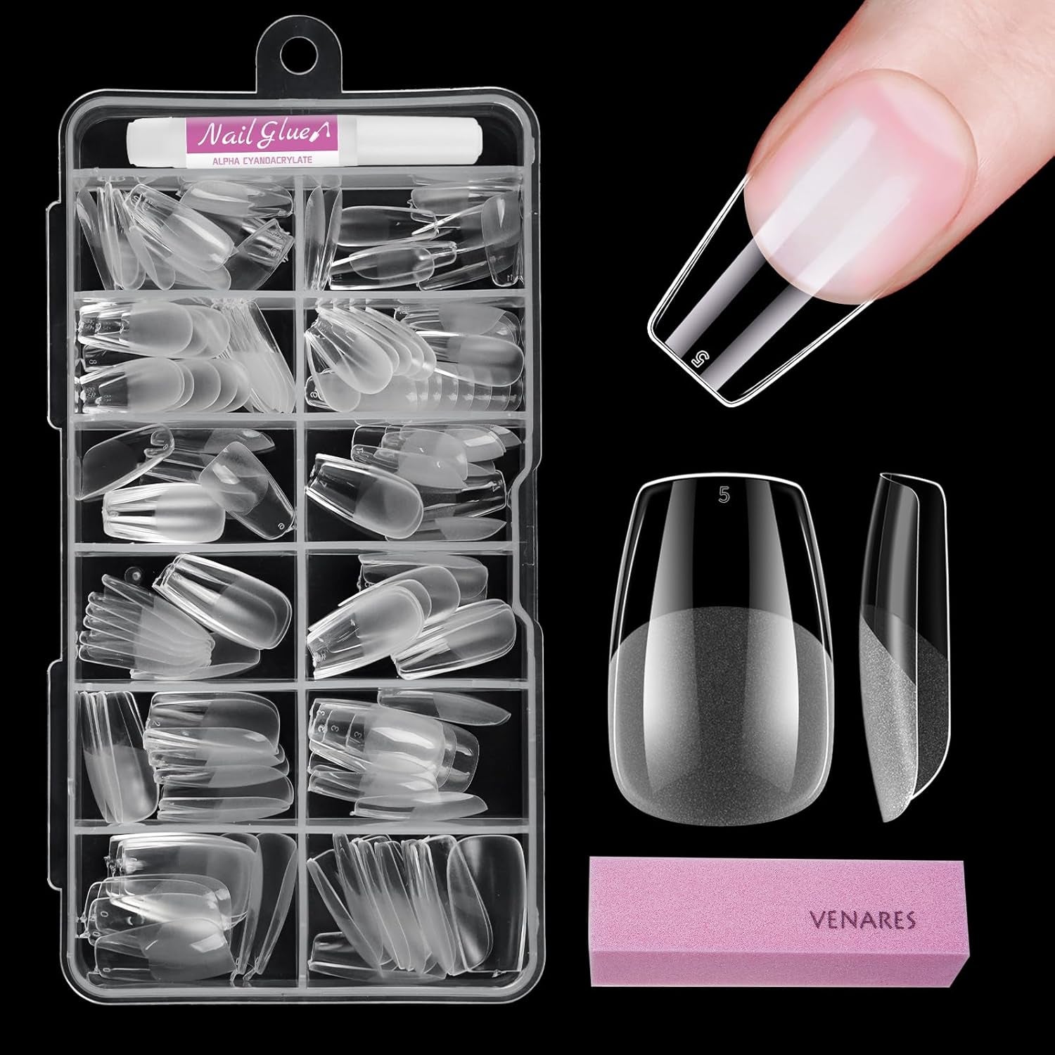 Tipuri de unghii pentru unghii cu gel, set 120 bucăți unghii artificiale scurte, culoare migdale, 11 dimensiuni unghii cu gel, tipuri de unghii cu lipici, bloc de buffer pentru unghii