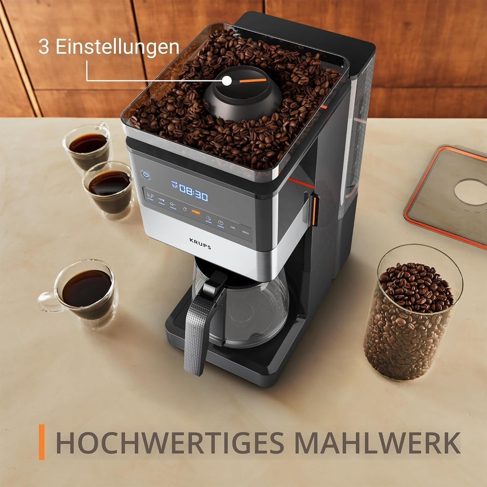 Espressor KRUPS Grind Aroma XL, râșniță conică detașabilă, panou de control digital, capacitate XL (1,5 l), funcție de menținere la cald, carafă din sticlă, negru/oțel inoxidabil, KM842810