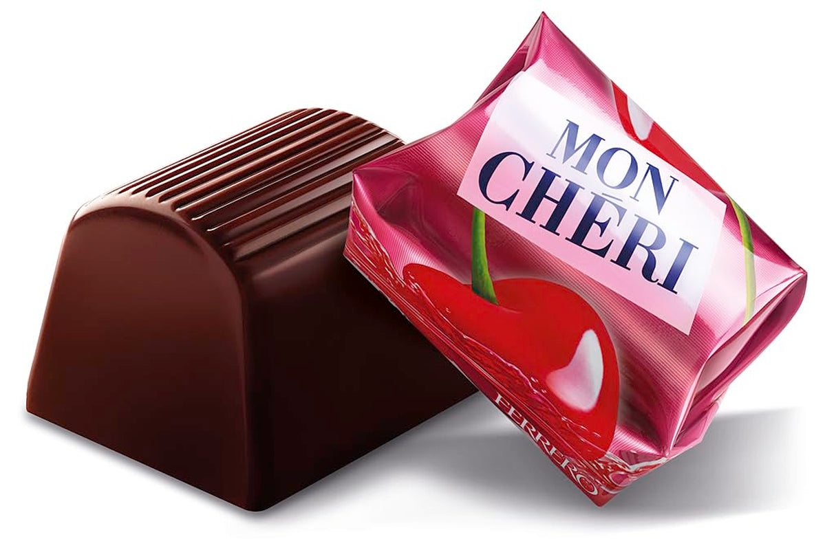 Ferrero Mon Chéri – Ciocolată crocantă, lichior fructat și o cireșă aromată – Cadou de ciocolată de Ziua Îndrăgostiților pentru el și ea – 1 pachet cu 15 bomboane individuale de ciocolată