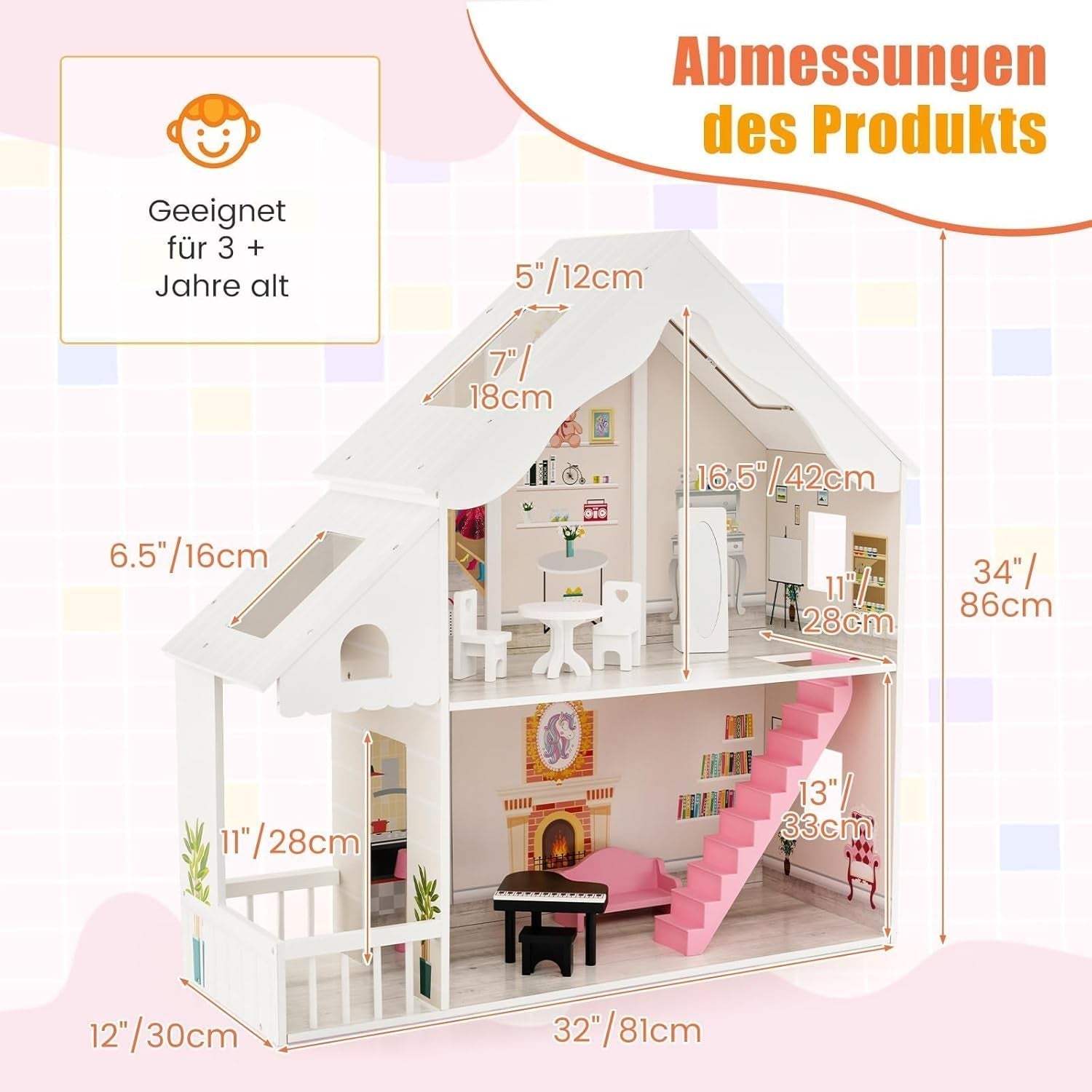 FANTASK Puppenhaus aus Holz, zweistöckiges Puppenhaus mit Zubehör und Möbeln, Spielzeug für 28–36 cm große Puppen, Puppenhäuser ab 3 Jahren, Naty Shop