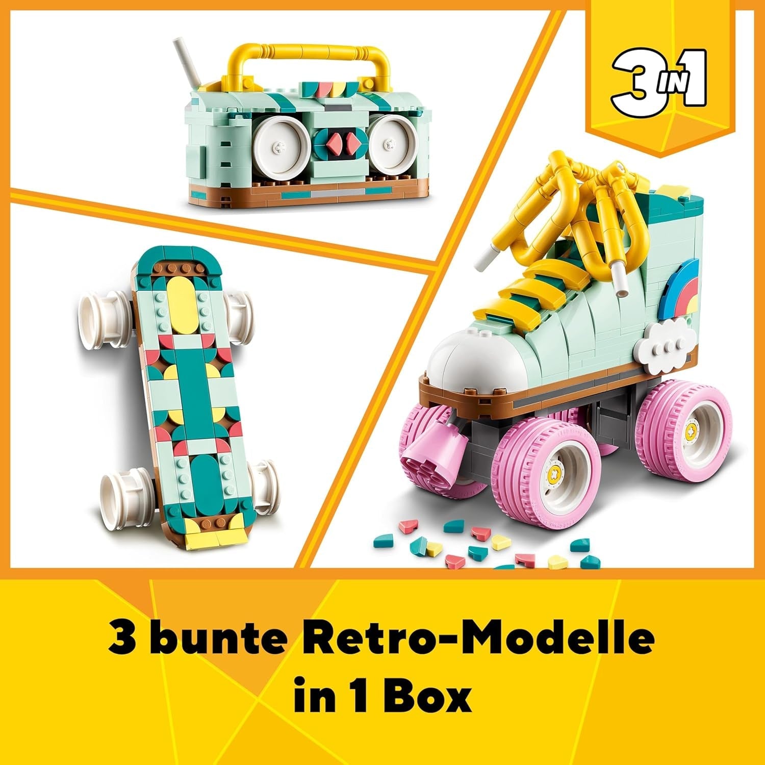 LEGO Creator 3in1 Retro Roller Skate Toy - Transforms into a Mini Skateboard or Boom Box Radio, Creative Gift for 8+ Year Old Girls & Boys - 31148
