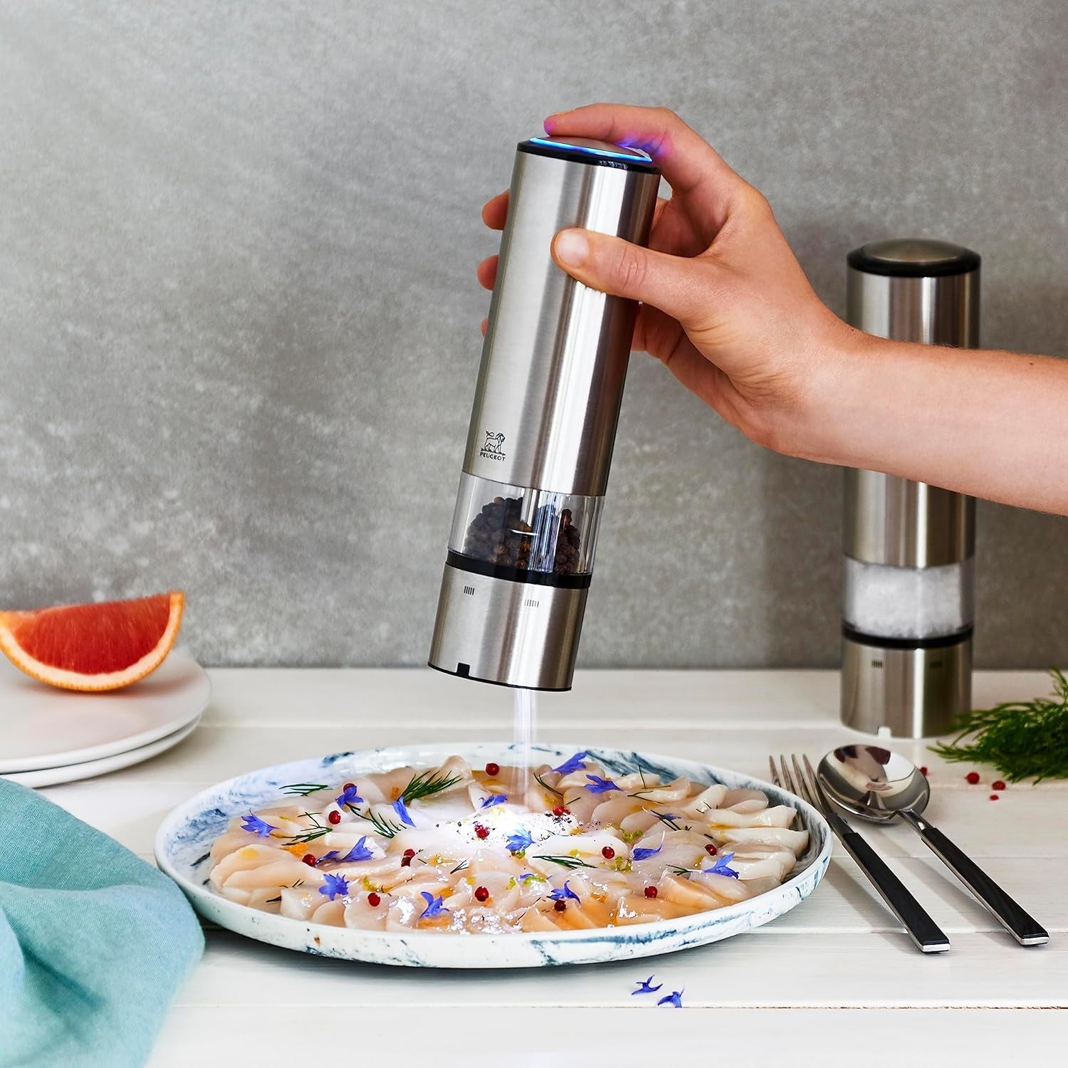 PEUGEOT Elis Sense elektrisches Pfeffer-/Salzmühlen-Set, Höhe: 20 cm, Edelstahl, Silber Mühlen und Mühlen Naty Shop