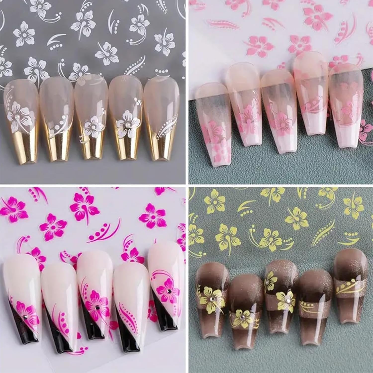 8 Stück Hibiskus Nagelsticker, 3D Selbstklebende Blumen Nagelaufkleber, Weiß Rosa Gelb Magenta Sommer Neonail Sticker, Nail Art Zubehör Nagel Deko Für Frauen