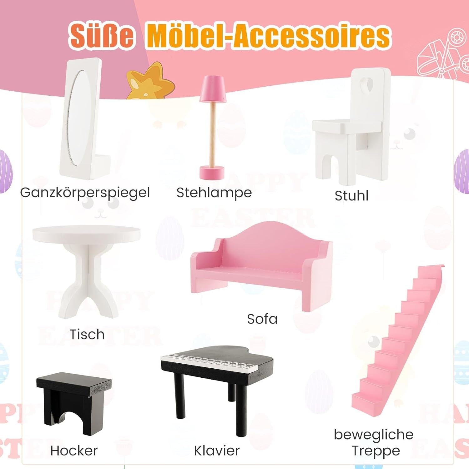 FANTASK Puppenhaus aus Holz, zweistöckiges Puppenhaus mit Zubehör und Möbeln, Spielzeug für 28–36 cm große Puppen, Puppenhäuser ab 3 Jahren, Naty Shop