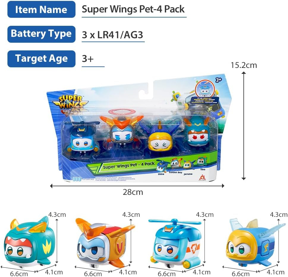 Super Wings Super Pets 4 Stück Shine, Golden Boy, Jerome, Ellie, umschaltbarer Gesichtsausdruck, Blitzeffekt, tragbares Spielzeug für 3, 4, 5, 6, 7, 8 Jahre alte Jungen und Mädchen, 5,1 cm große Actionfiguren, Naty Shop
