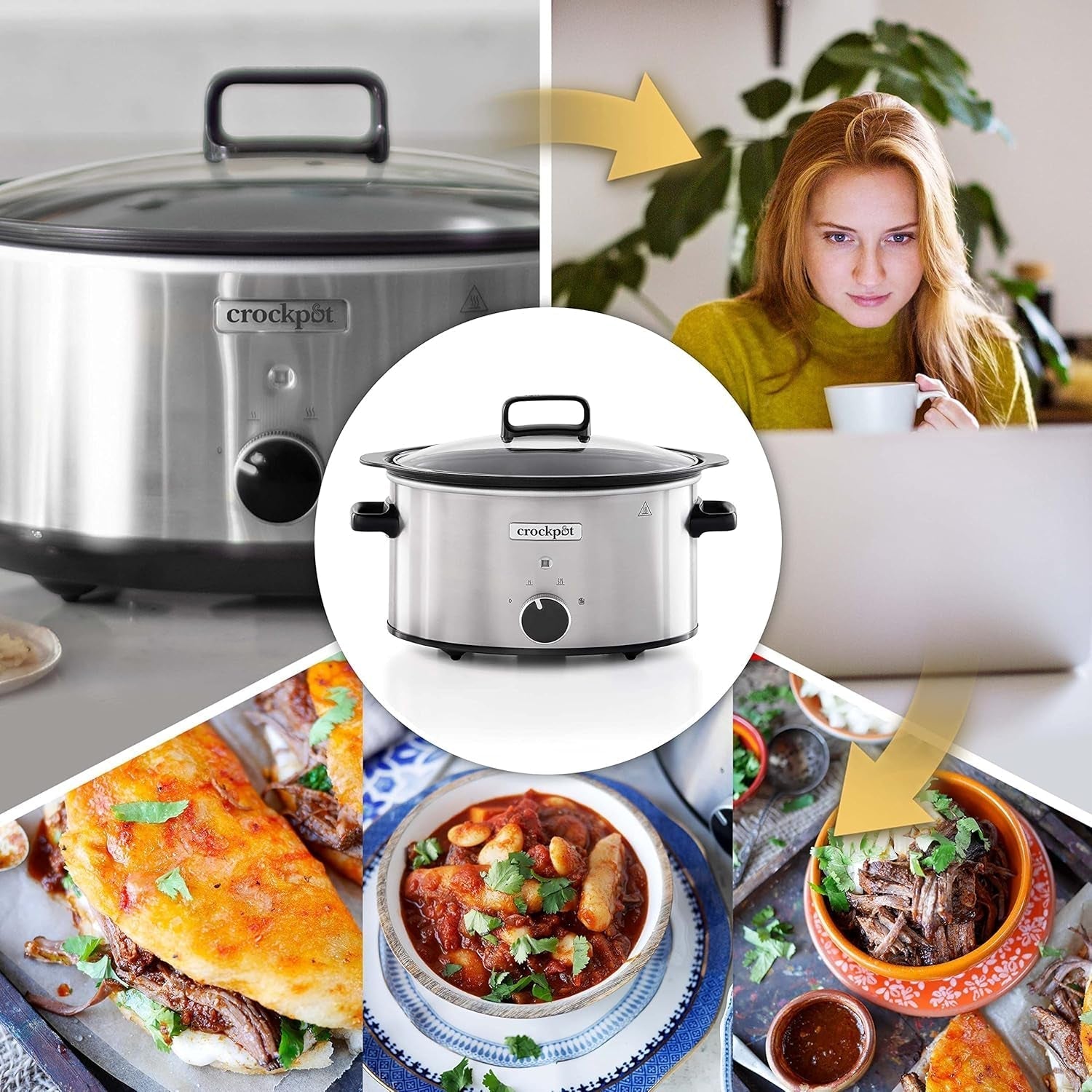 Slow Cooker Crockpot,| 3,5 Liter (3-4 Personen), Behälter zum Bräunen von Fleisch und Gemüse, Slow Cooker aus Edelstahl von Naty Shop