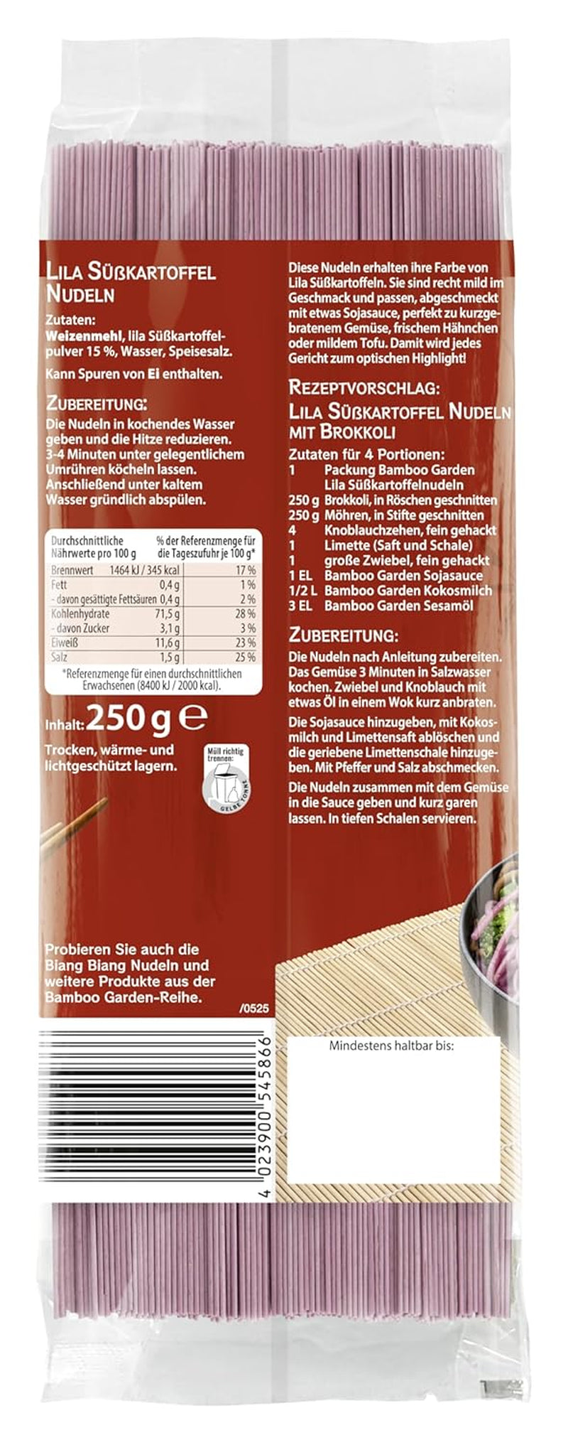 Bamboo Garden - Tăiței mov din cartofi dulci | Tăiței subțiri cu o aromă blândă de nucă | Ideali pentru boluri și salate | Rapid de preparat | Pungă de 250 g