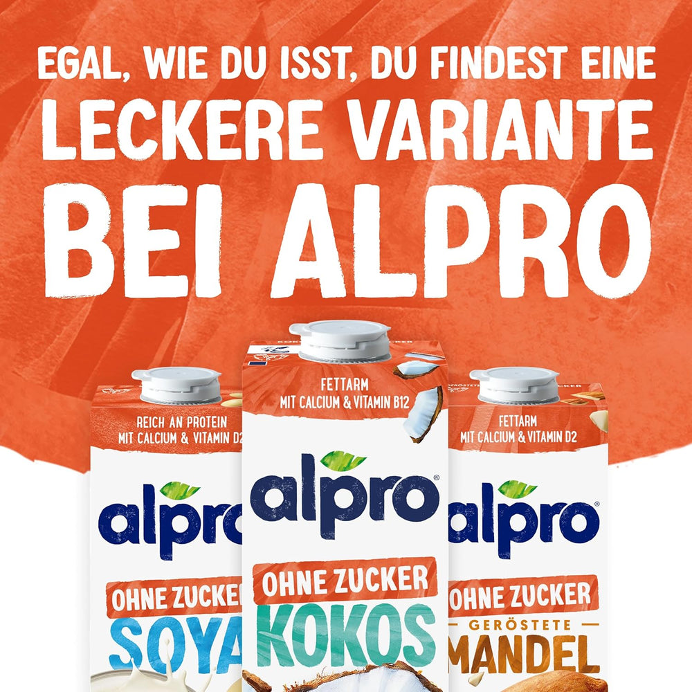 Alpro Kokosnussdrink ohne Zucker – Ohne Süßstoffe – Vegan und milchfrei – Von Natur aus laktosefrei und fettarm – Reich an Kalzium und Vitaminen – 8 x 1 L