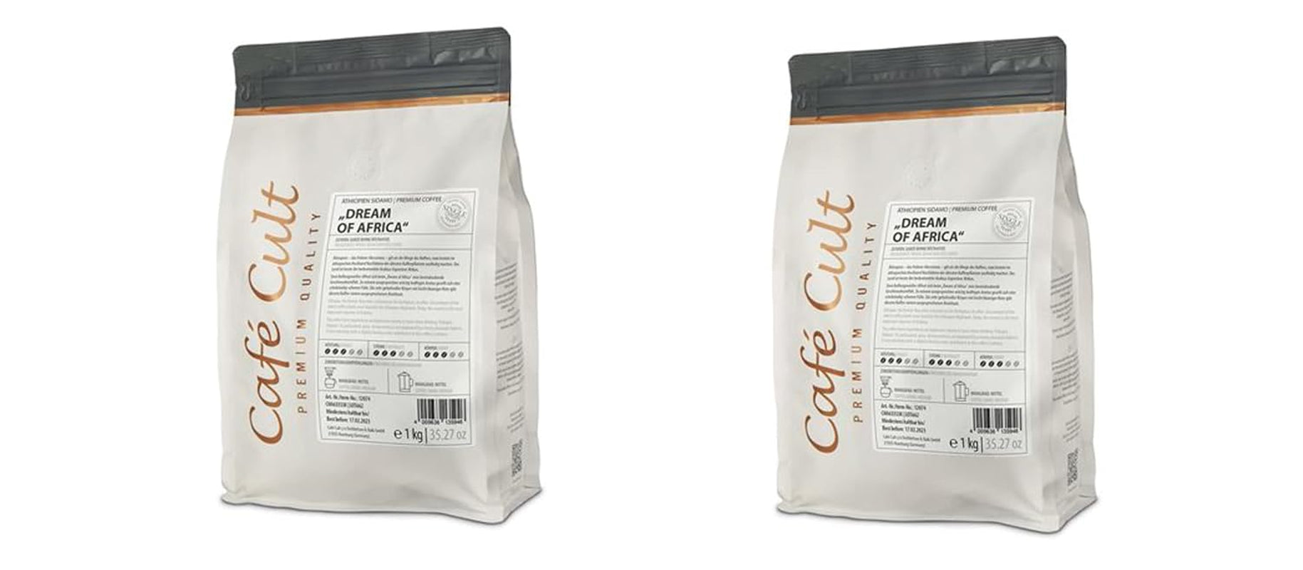 2 x NOU ® Cafea etiopiană Sidamo „Visul Africii” în pungi de 1 kg, boabe întregi = 2 kg
