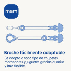 Suzetă MAM, adaptabilă la toate tipurile de suzete, inele de dentiție și jucării, lungime reglabilă, inclusiv husă pentru tetină, lavabilă, albastră, 1 bucată