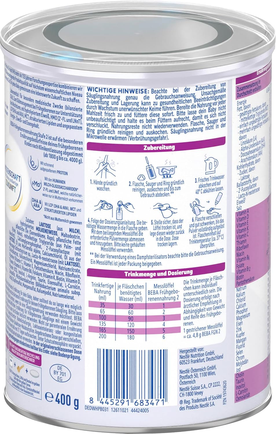BEBA Formulă pentru sugari prematuri Etapa 2 - Sugari prematuri după externarea din spital, hrană pentru bebeluși, lapte praf pentru bebeluși, 1 pachet (1 x 400g)
