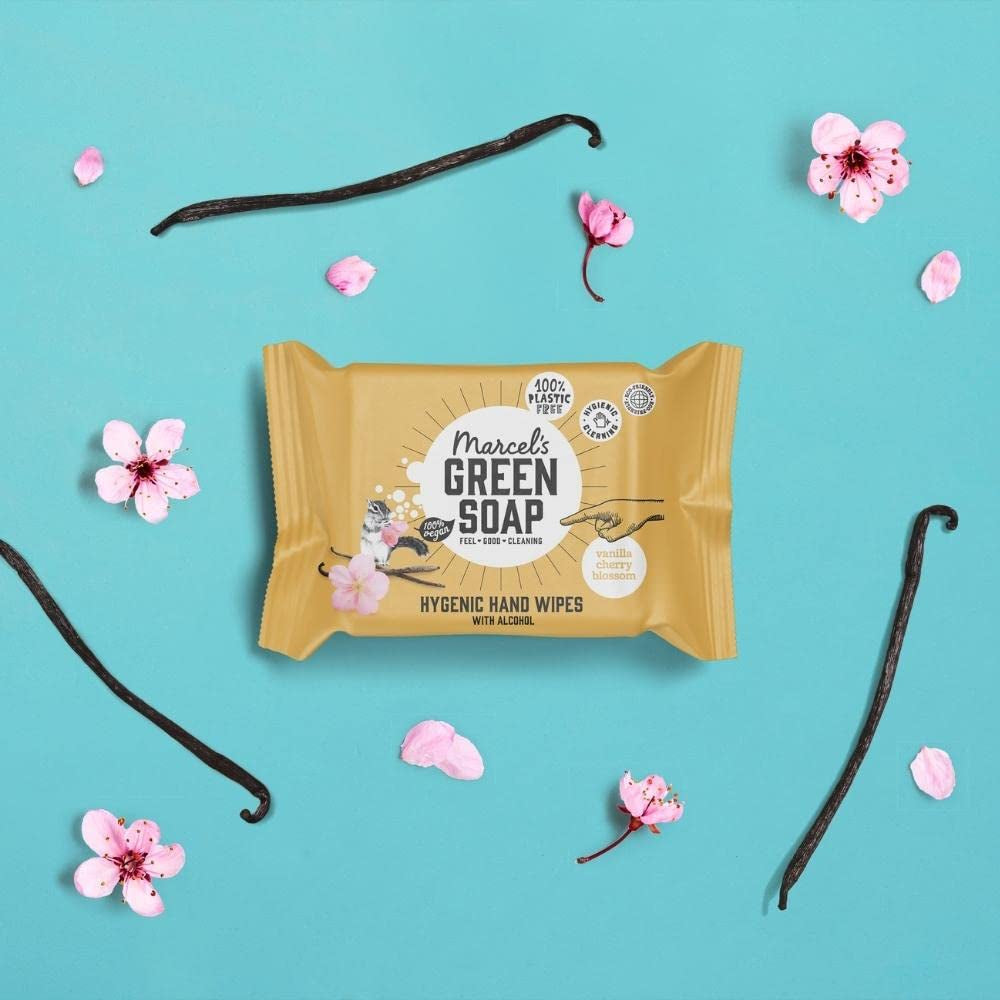 Șervețele umede igienice pentru mâini Marcel's Green Soap, pachet de 60 - Vanilie și floare de cireș - Pe bază de plante - Ecologice