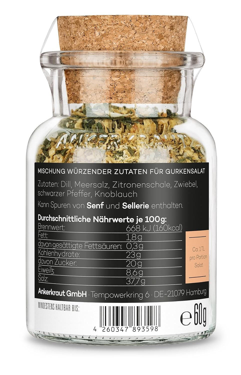 Ankerkraut Gurkensalat, 60 g im Korkenglas, Würze Gurken-Salat Ganz Einfach, Zuckerfrei und Ohne Geschmacksverstärker, Mischung würzender Zutaten für Salat