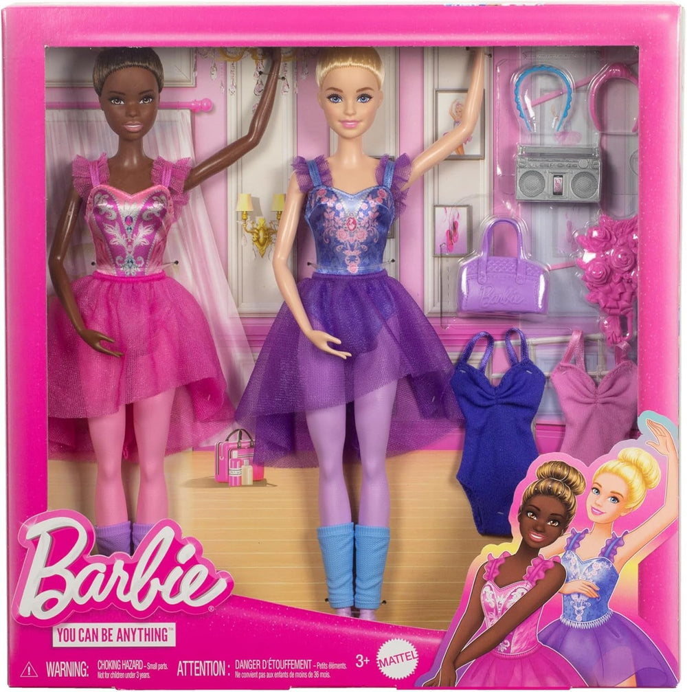 ​Barbie Ballettstudio Set mit 2 Puppen und 9 Zubehörteilen, blonde und brünette Ballerina-Modepuppen mit zusätzlichem Outfit und zum Tanzmotto passenden Teilen, HXC37