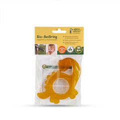 Inel de dentiție organic GRÜNSPECHT din cauciuc natural pentru bebelușii care își erup dentiția, masează gingiile, fără BPA, moale, promovează motricitatea fină, model dinozaur (639-V1)