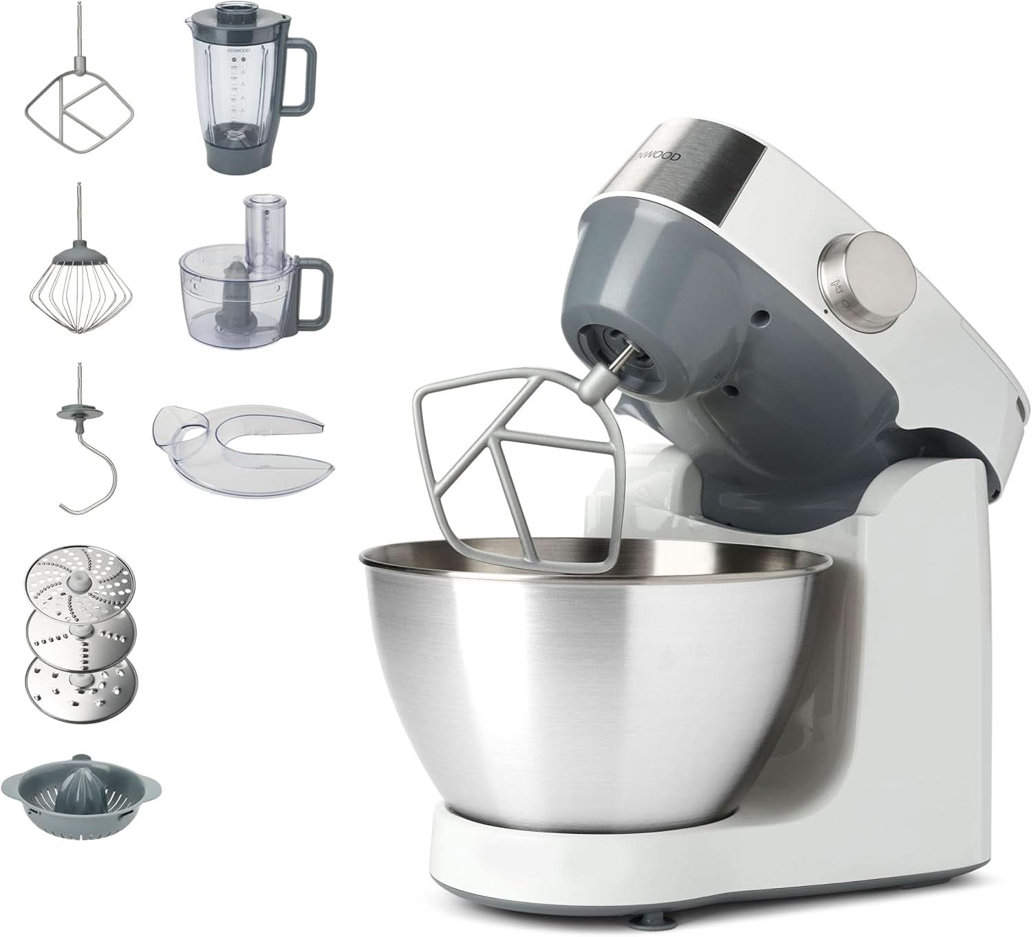 Kenwood Prospero+ KHC29A.R0SI Küchenmaschine, 4.3 L Edelstahlschüssel, Inkl. 10-teiliges Zubehör-Set mit Fleischwolf, Glas-Mixer, Zitruspresse, Entsafter und mehr, inkl. Easyweigh Waage, 1000W, Silber Mutter und Kind Naty Shop Weiß Inkl. 7 Zubehör