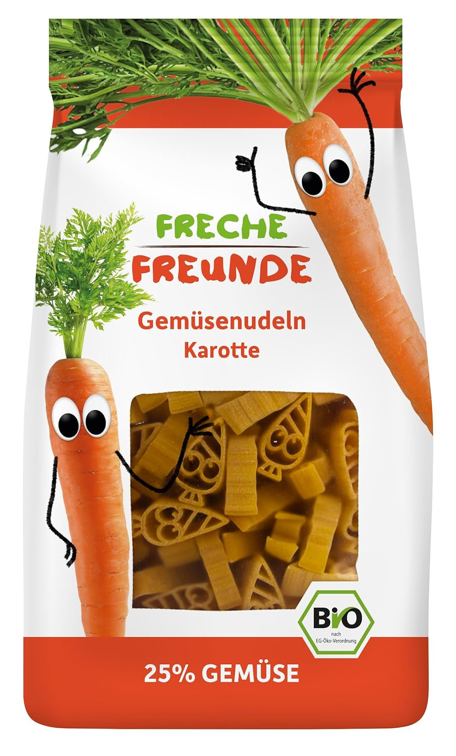 Freche Freunde Bio-Gemüsenudeln „Karotte“, 25 % Gemüseanteil, vegan, 6er-Pack (6 x 300 g)